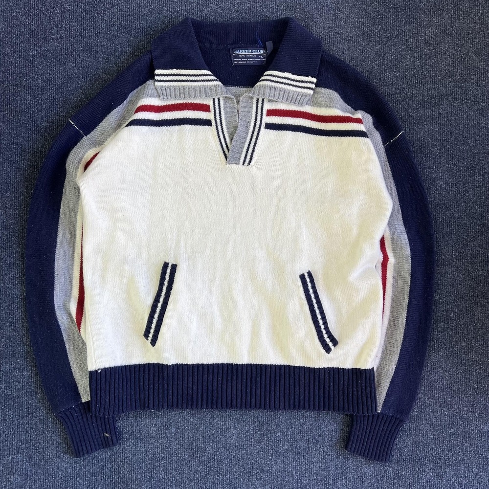 Vintage 80s Career Club Sweater Mens Large White Collared Striped Knit Pockets